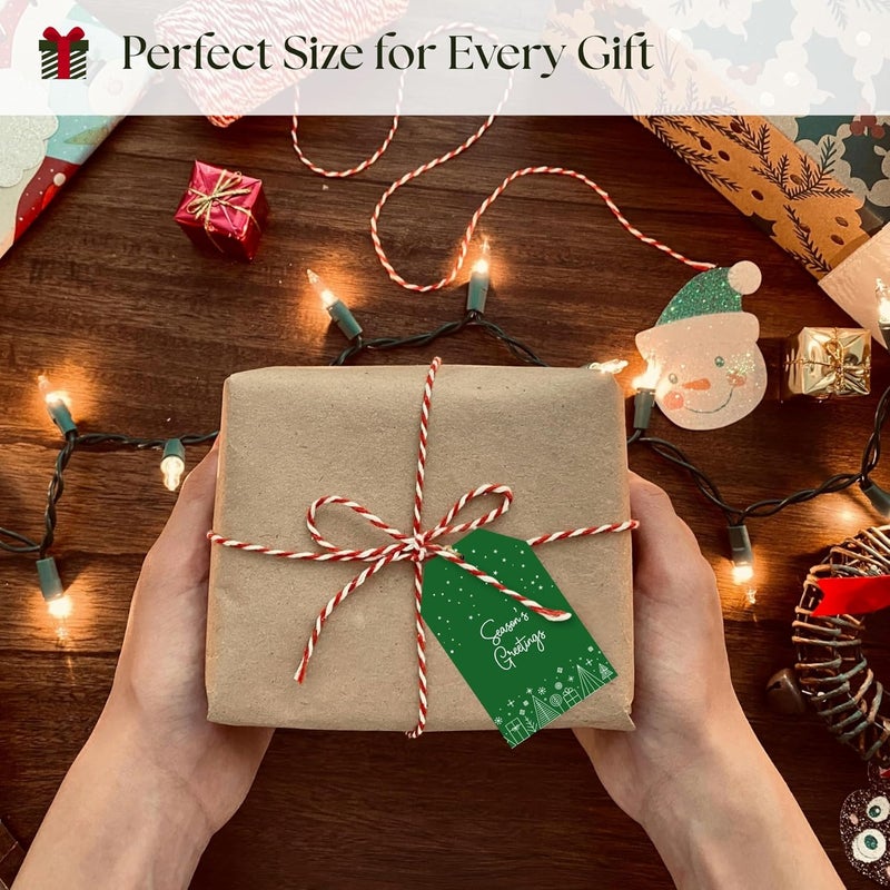 Paper Play Christmas Gift Tags with String - 80 Red & Green Holiday Tags, 8 Minimal Line-Art Designs - 350gsm Christmas Name Tags for Gifts & Presents - Image 3